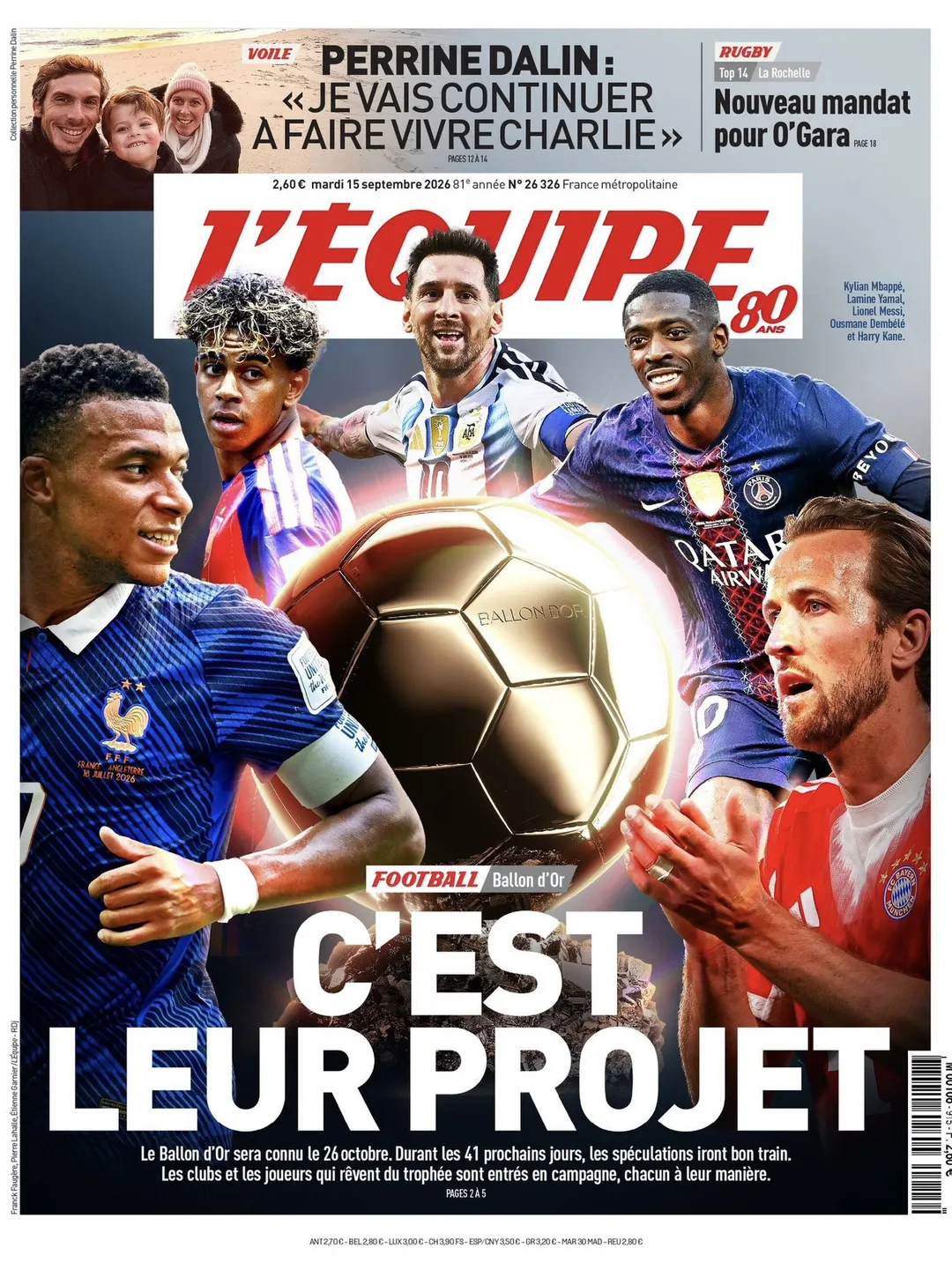 La portada de L'Equipe sobre el Balón de Oro con un fuerte guiño a Lionel Messi.
