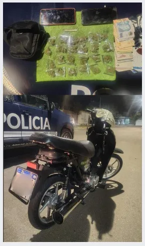 Motocicleta, estupefacientes y efectivo secuestrado durante el procedimiento.