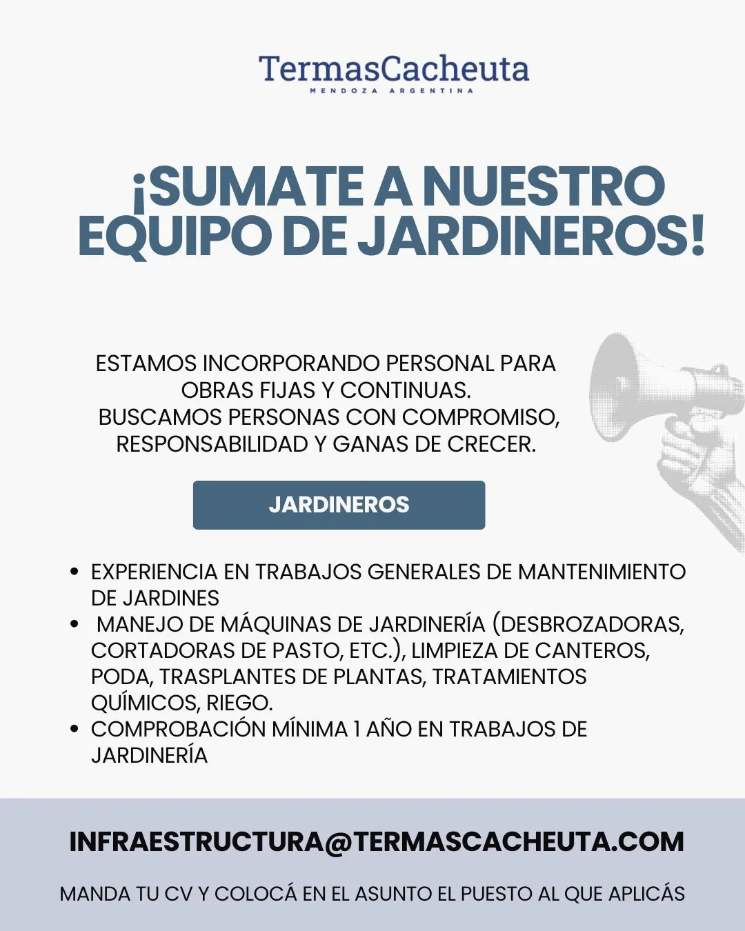 Termas de Cacheuta ofrece trabajo en jardinería y construcción. Foto: Trabajo en Mendoza