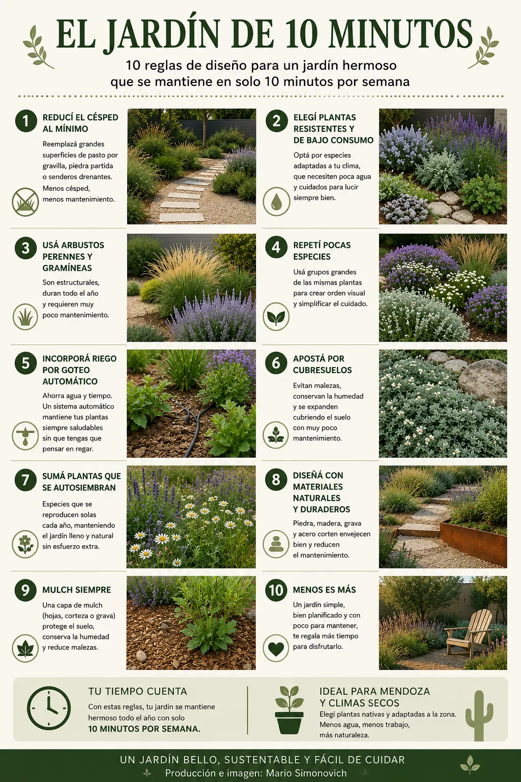 Ayuda mucho el riego por goteo programado y los arbustos perennes, que mantienen verde el jardín incluso cuando muchas plantas pierden hojas o flores.