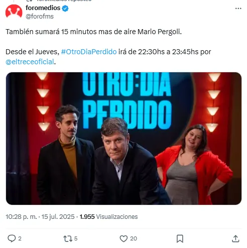 Mario Pergolini suma más minutos al aire. Foto: captura de pantalla X/ @forofms. 