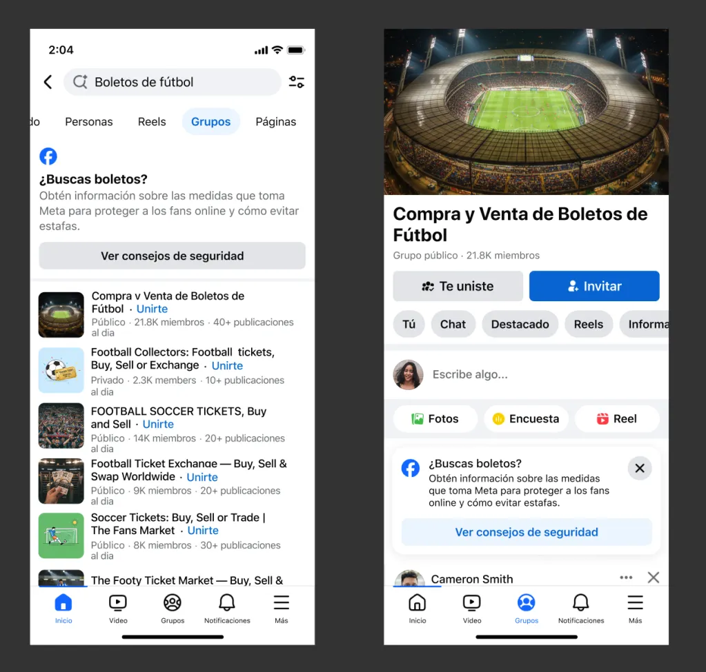 Las notificaciones preventivas de Facebook guiarán a los aficionados hacia las plataformas de compra verificadas por la organización del torneo.