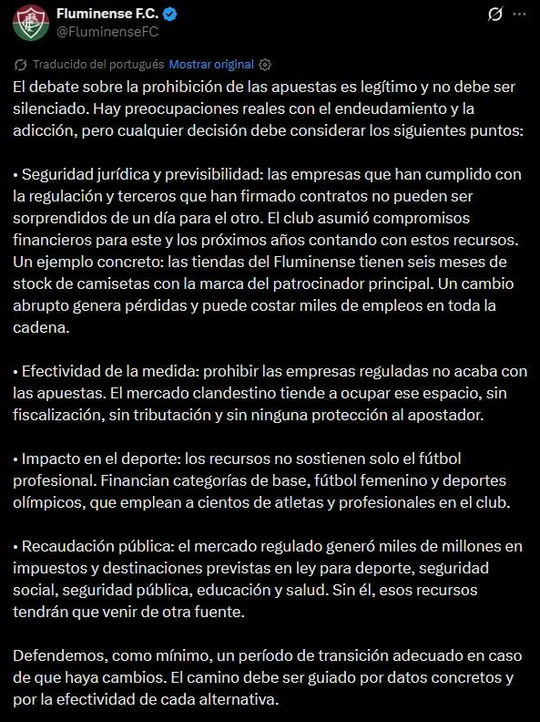 El comunicado de Fluminense luego del discurso de Lula.