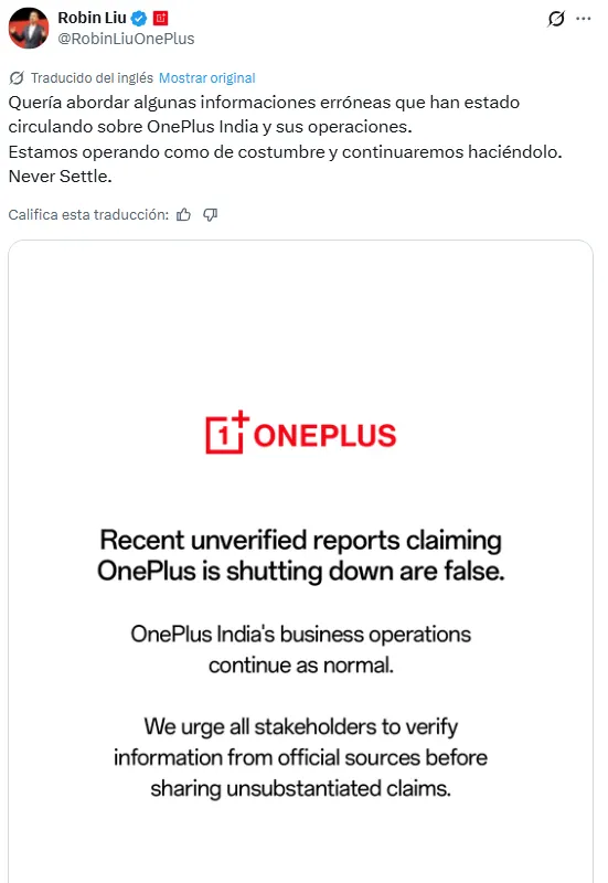El comunicado de Robin Liu sobre los rumores de OnePlus.