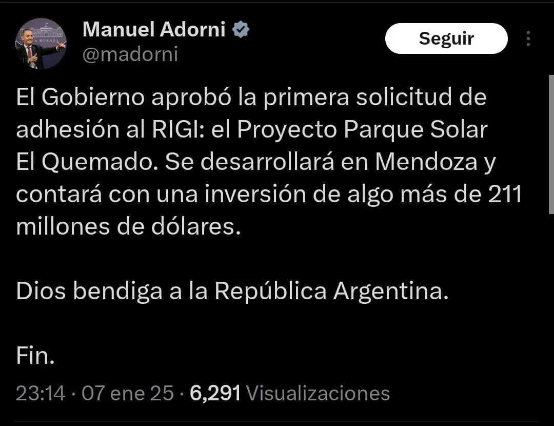 Manuel Adorni, en ese entonces vocero presidencial, confirmó por X el primer RIGI. 
