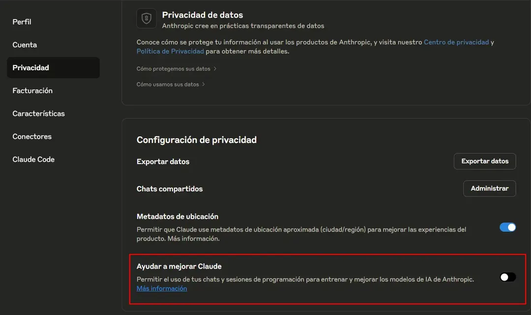 Así puedes desactivas la políticas de privacidad de Claude.