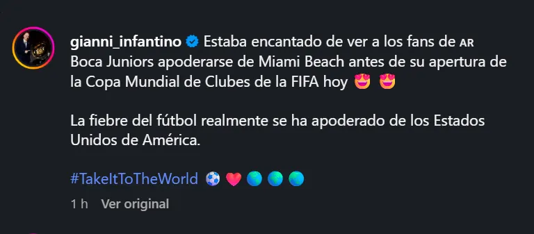 Gianni Infantino elogió en sus redes el banderazo de los hinchas de Boca.