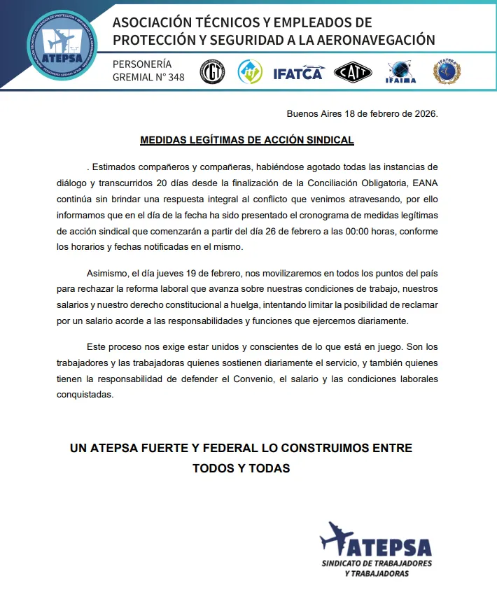 El comunicado oficial de Atepsa por el nuevo paro de controladores aéreos.