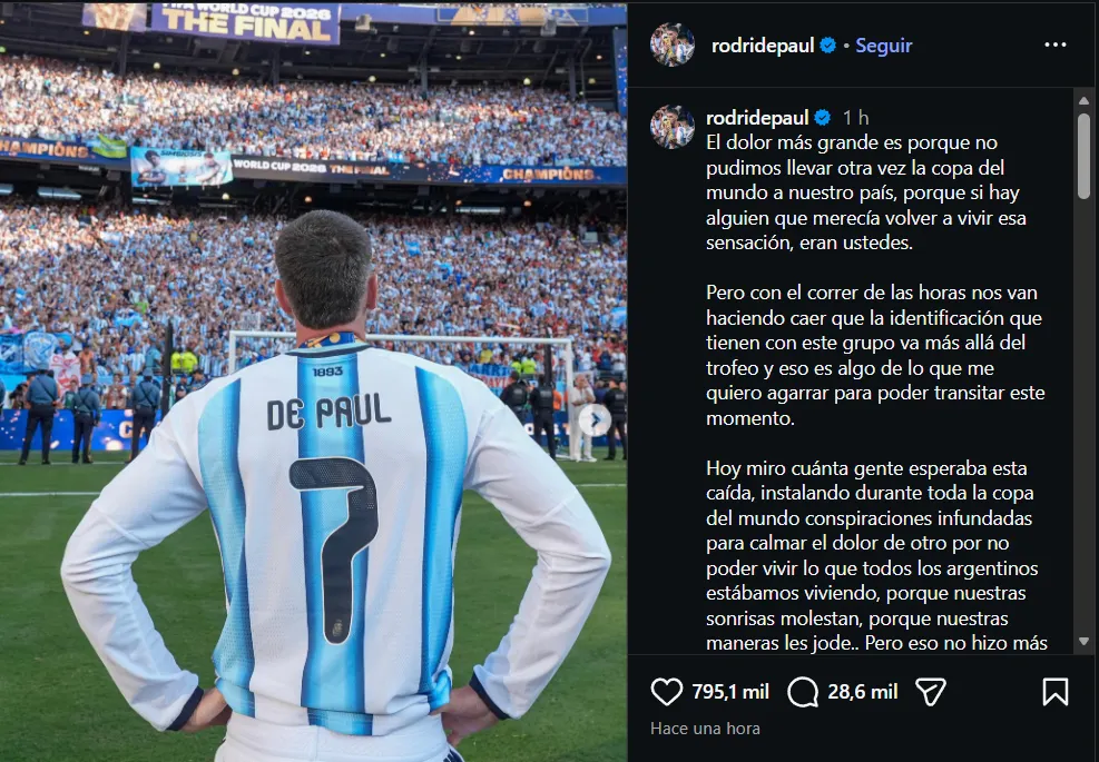 El posteo en Instagram de Rodrigo De Paul tras la derrota en la final ante España. 