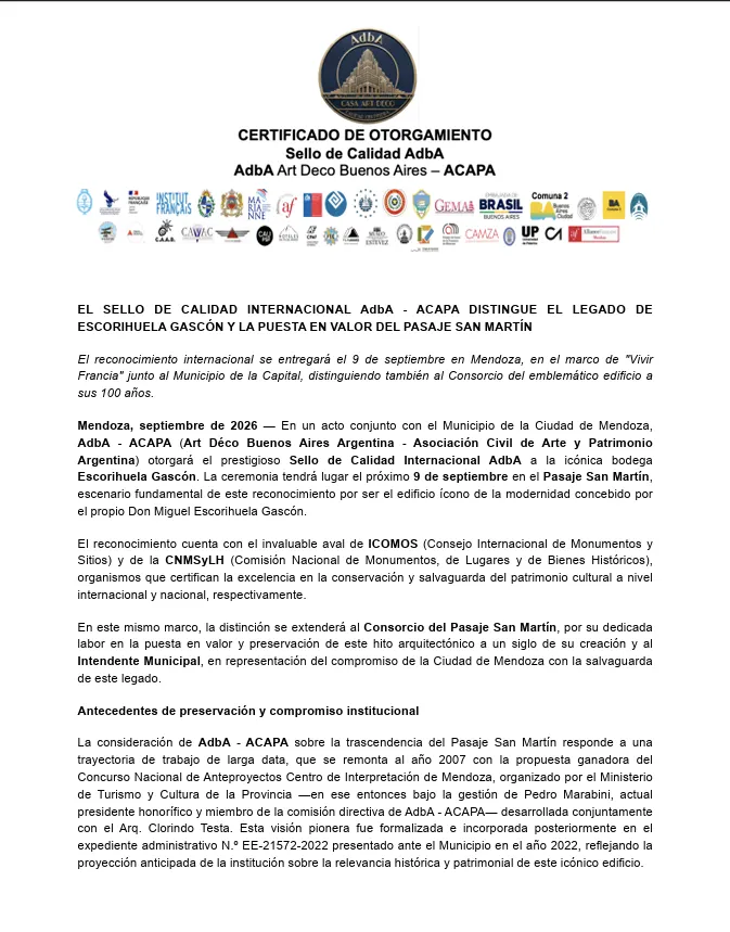 El galardón internacional destaca la conservación estructural de la primera construcción antisísmica de Mendoza.