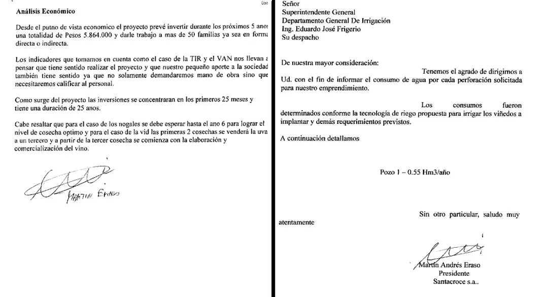 De puño y letra. La firma de Eraso en los expedientes donde se tramitaron los pozos de agua irregulares. Eraso era titular de Santacroce, uno de los emprendimientos. 