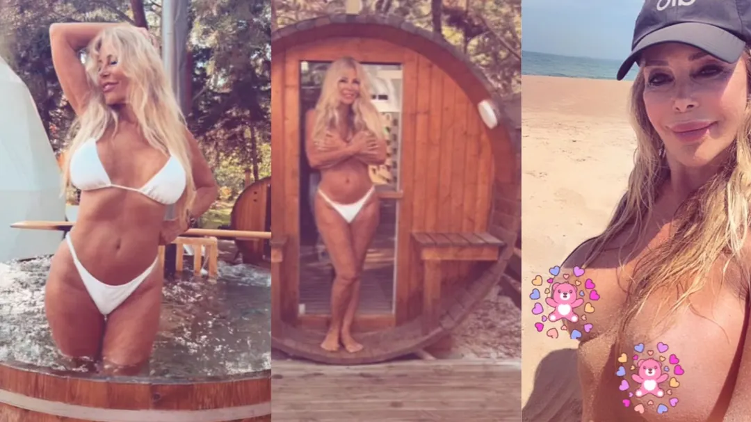 Graciela Alfano en la playa nudista. 